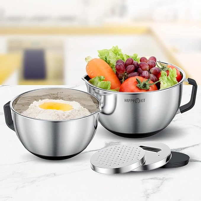 HAPPY KIT 18/8 Mixing Bowls With Lids Set of 2,Stainless Steel Mixing Bowl With Pour Spout, Non-slip Handle and Bottoms, 3 Grater Attachments, Measurement Marks & Lid, Size 5, 3QT(Black)