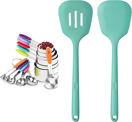 U-Taste 18/8 Stainless Steel Measuring Cups and Spoons (Set of 12, Multicolor), and 600ºF Heat Resistant Silicone Turners, 13.6in Long Solid & Slotted Kitchen Spatula (Aqua Sky)