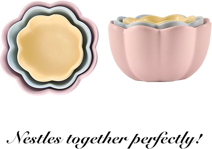 Bico Flower Shaped Ceramic Handcrafted Mixing Bowl Set of 3, Microwave & Dishwasher Safe, for Baking, Cooking, Food Prep