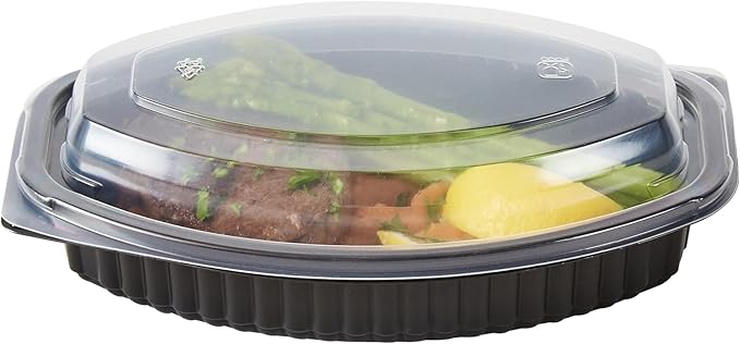 RW Base 16 Ounce Meal Prep Containers, 50 Microwavable To Go Containers With Lids - Disposable, Freezable, Black Plastic Oval Food Containers, Pack Hot And Cold Food, For Takeaway - Restaurantware