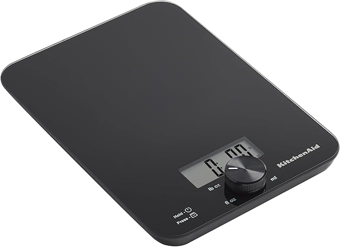 KitchenAid KQ914BA Digital Glass Top Kitchen and Food Scale, 11 lb Capacity, Measures Liquid & Dry Ingredients, Rotating Knob, Precise Results for Baking, Cooking, Keto and Meal Prep, Tare, Black