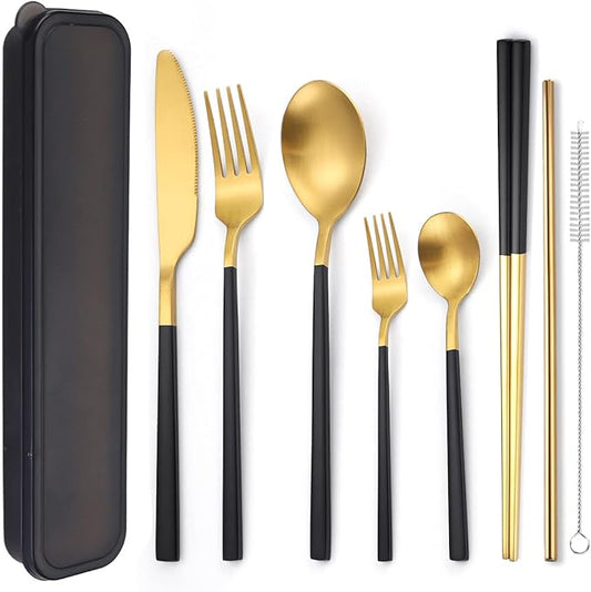 AARAINBOW 6 Pieces Stainless Steel Flatware Set Portable Reusable Cutlery Set Travel Utensils Set Including Chopsticks Knife Fork Spoon Straws Cleaning Brush Dishwasher Safe (B-Black golden)