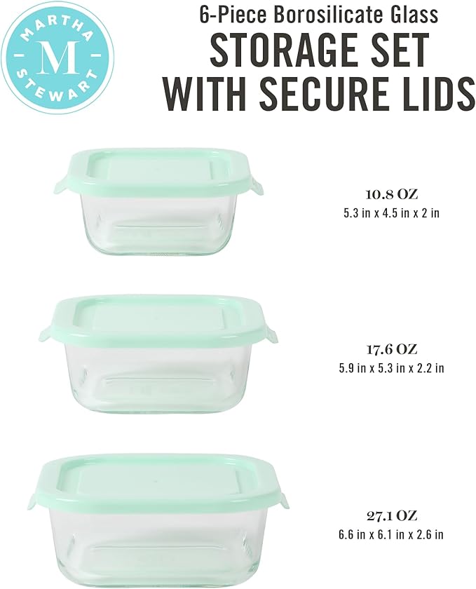 Martha Stewart Hadsell 6 Piece 27 oz, 17.6 oz, 10.8 oz Borosilicate Glass Square Storage Container Set w/PP Pop Martha Blue Lids