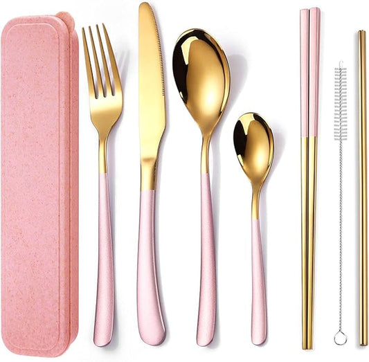 AARAINBOW 7 Pieces Stainless Steel Flatware Set Portable Reusable Cutlery Set Travel Utensils Set Including Chopsticks Knife Fork Spoon Straws Cleaning Brush Dishwasher Safe (7 Pink Golden)