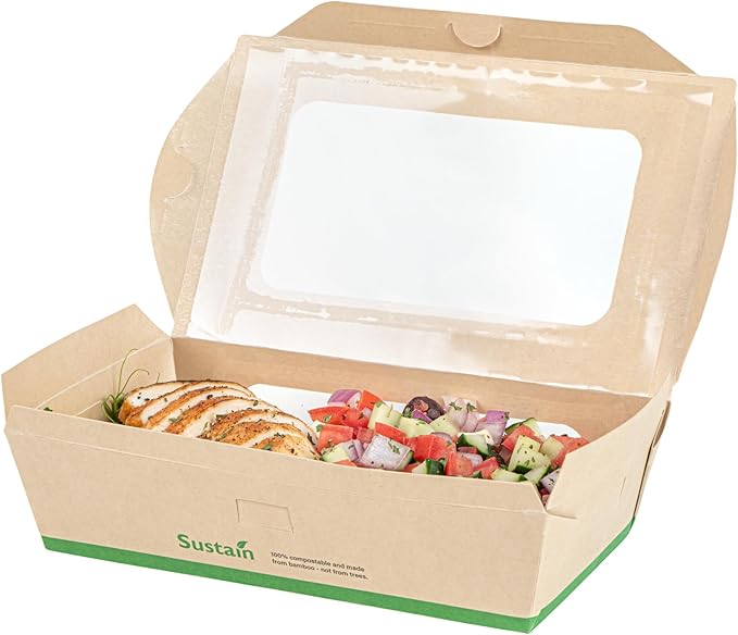 Restaurantware-Sustain 35 Ounce Sturdy Paper Take Out Boxes, 50 Disposable Take Out Food Containers - With PLA lining, Two Clear PLA Windows, Bamboo Paper Containers, Compostable, Tab-Lock Design