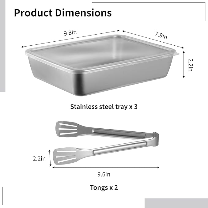 Breading Trays Set of 3, 10 x 8 x 2 Inches Large Stainless Steel Breading Pans for Cooking with Lids & Tong, Food Containers for Dredging Chicken Breasts and Marinating Meat, Food Prep Holders