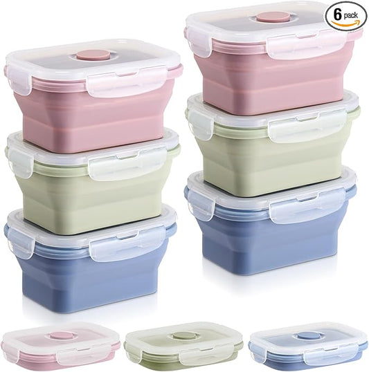 Mifoci 6 Pcs Silicone Food Containers 11.8 oz Collapsible Storage Containers with Airtight Lids Stacking Meal Prep Lunch Leftover Food fruits Storage Foldable Box for Freezer Microwave Dishwasher Safe