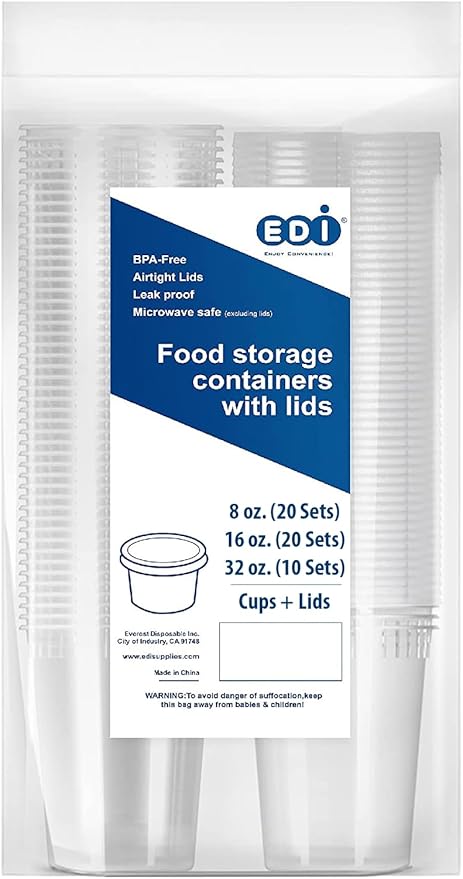 EDI [8 OZ (20 Sets), 16 OZ (20 Sets) and 32 OZ (10 Sets) Plastic Deli Food Storage Containers with Airtight Lids, Bundle