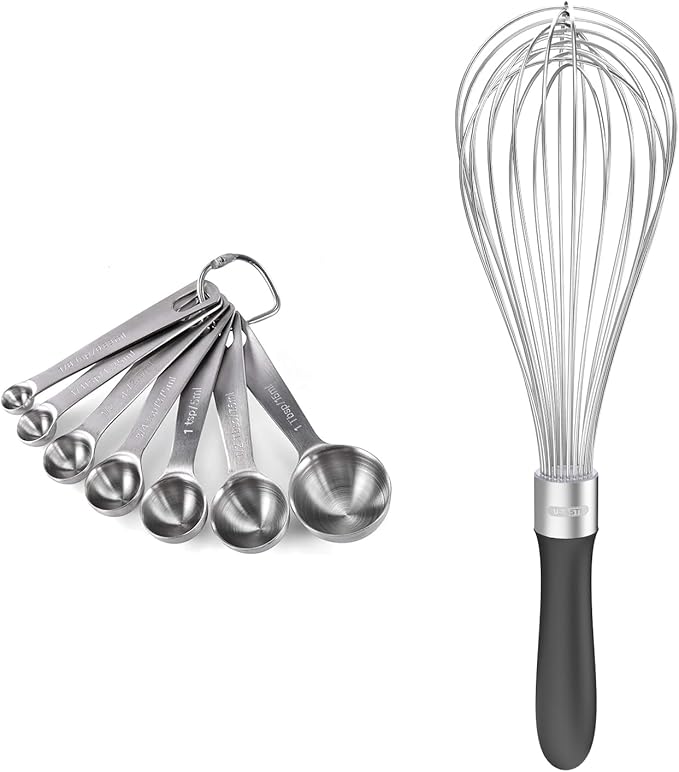 18/8 Stainless Steel Measuring Spoons Set for Dry and Liquid Ingredients (Set of 7), and 18/10 Stainless Steel Balloon Whisk for Kitchen Cooking with 12 Flex Wires (Black)