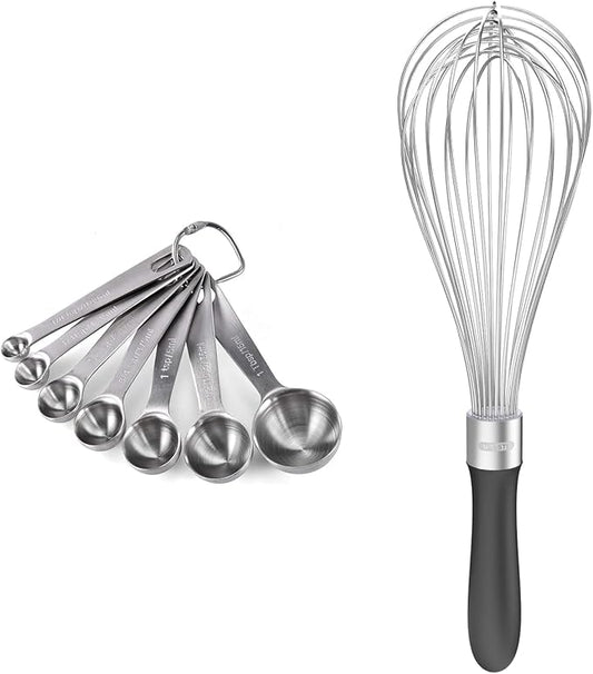 18/8 Stainless Steel Measuring Spoons Set for Dry and Liquid Ingredients (Set of 7), and 18/10 Stainless Steel Balloon Whisk for Kitchen Cooking with 12 Flex Wires (Black)