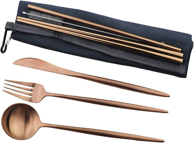 Reusable Travel Utensils, 7 Piece Portable 304 Stainless Steel including Knife Fork Spoon Chopsticks Cleaning Brush Straws Portable Pouch, Eco-friendly Camping Silverware Set, Dishwasher Safe