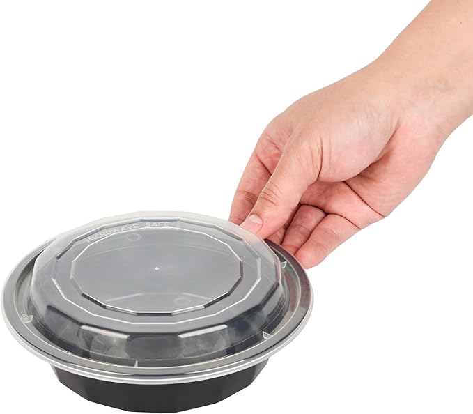 Restaurantware Asporto 16 Ounce To Go Boxes 100 Microwavable Take Out Food Containers - Clear Plastic Lids Included Do Not Contain BPA Black Plastic Catering Food Containers Disposable Round
