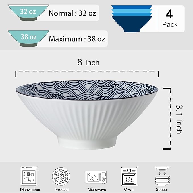 38 oz Japanese Ramen Bowls Set of 4, Large Pho Bowls, 8 Inch Ceramic Blue and White Soup Bowls, Wave Pattern