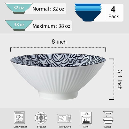 38 oz Japanese Ramen Bowls Set of 4, Large Pho Bowls, 8 Inch Ceramic Blue and White Soup Bowls, Wave Pattern