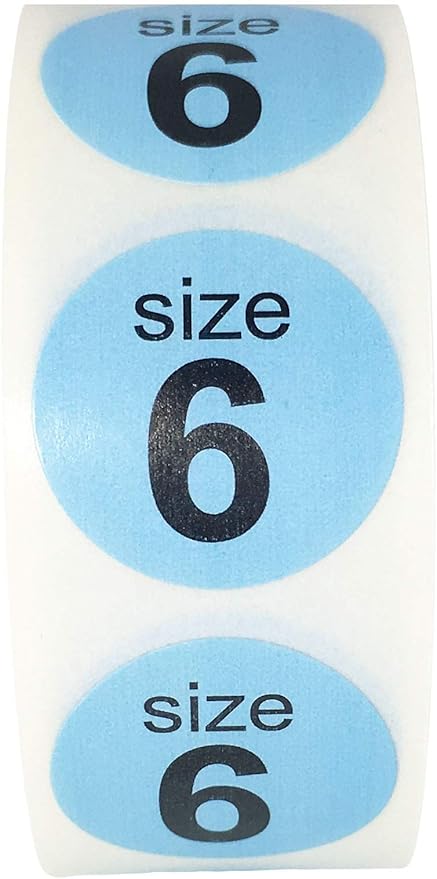 Shoe Size 6 Baby Blue Stickers for Retail Clothing – 3/4 Inch Round, 500 Semi-Gloss Adhesive Labels Per Roll for Footwear Inventory, Organization, and Display – Made in The USA