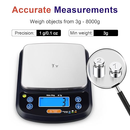 THINKSCALE Digital Food Scale 8000g/1g Precise,% Mode & Removable Stainless Steel Platform, 6 Units, Tare, PCS Counting, IPX6 Waterproof for Baking, Coffee, Keto, Meal Prep, Batteries & AC/DC Adapter
