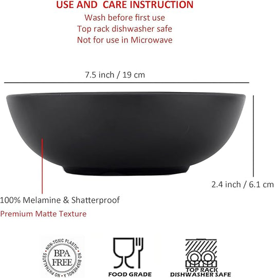 KOXIN-KARLU Melamine Bowls, 7.5-inch Pasta Bowls Salad Bowl, set of 6 Black