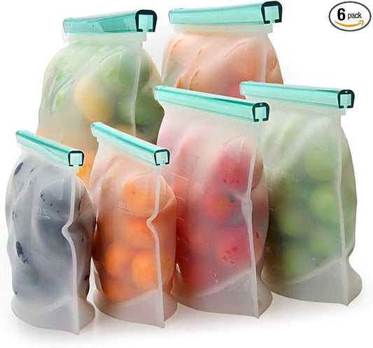 【Upgrade】Cadrim Reusable Extra Thick Silicone Food Storage Bags - 6 Packs Zipper Freezer Bags For Marinate Meats Sandwich, Snack, Cereal,Fruit Meal Prep, Leakproof, Dishwasher-Safe Lunch Storage Bags