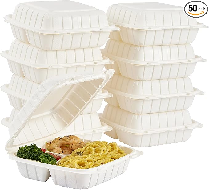 8X8 3Compartment 50Pack Plastic Clamshell Take Out Food Containers, Heavy Duty To-go Disposable Lunch Box Restaurant Meal Prep Packaging Catering Hinged Container (Formerly FULING)