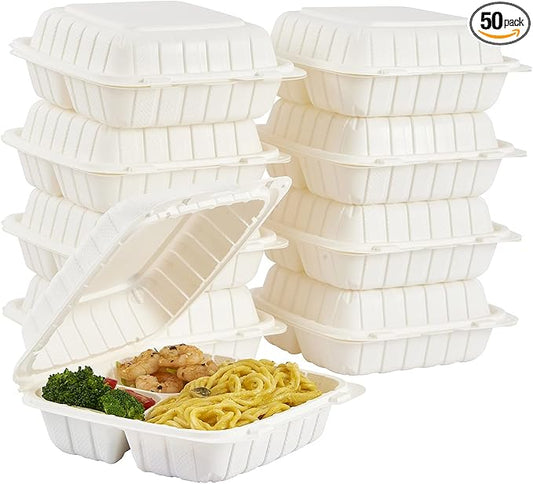 8X8 3Compartment 50Pack Plastic Clamshell Take Out Food Containers, Heavy Duty To-go Disposable Lunch Box Restaurant Meal Prep Packaging Catering Hinged Container (Formerly FULING)