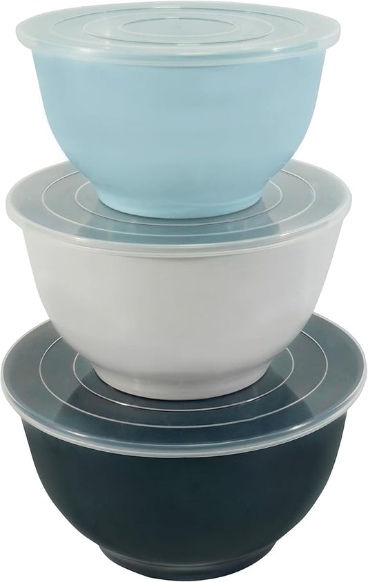 TP Mixing Bowls with Lids, 6-Piece Nesting Melamine Bowls Set for Prepping Serving Baking Cooking, Non Slip Bottom, Set of 3, Blue and White