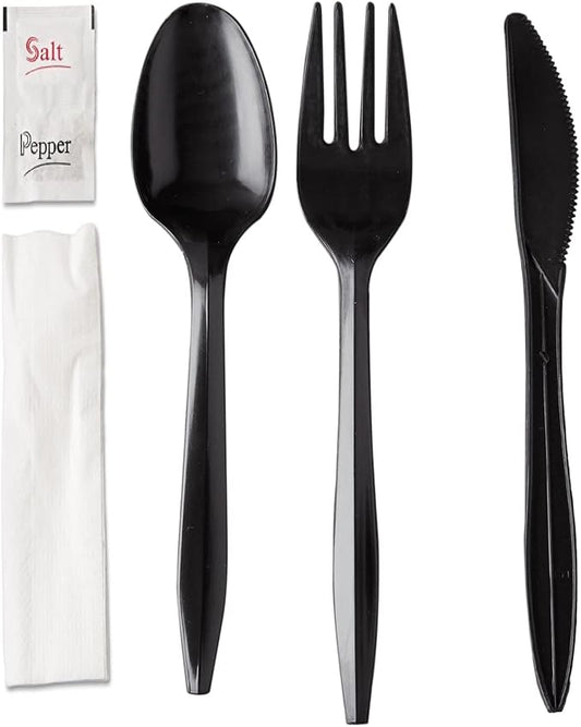 250 Plastic Cutlery Packets - Knife Fork Spoon Napkin Salt Pepper Sets | Black Silverware Sets Individually Wrapped Kits, Bulk Plastic Utensil Cutlery Disposable To Go Silverware