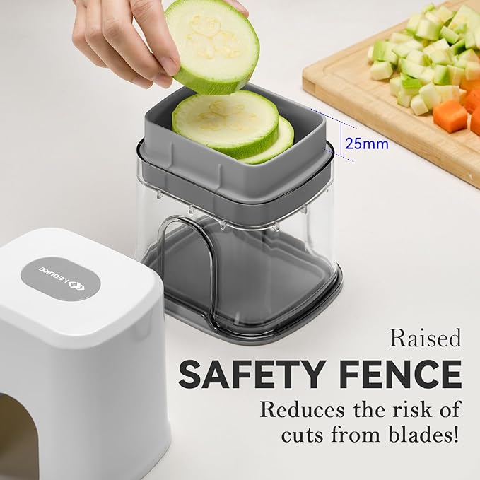 KEOUKE Vegetable Chopper 3 Interchangeable Blades Onion Chopper Multi-functional Potato French Fry Cutter Manual Vegetable Cutter Dicer for Cucumber, Tomato, Carrot with Container & Storage Box, White