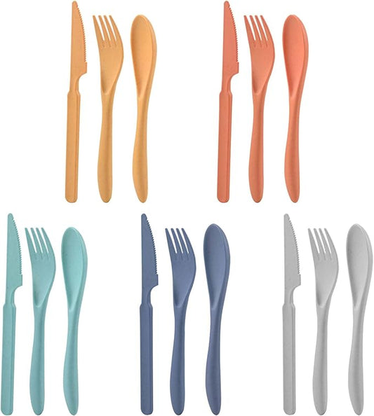 Knives Spoons and Forks Set, Wheat Straw Cutlery Set, Reusable Flatware Set for 5, Utensils for Party, Travel, Work, Picnic, Camping or Daily Use (Style4)