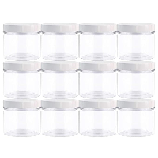 14oz (420 ml 12 Pack) Empty Clear Wide Mouth Plastic Jars with Lids and Labels -PET Containers Great for Cream,Cosmetics,Slime Storage Jars - BPA Free (White Lids)