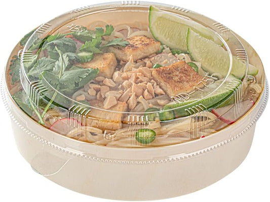 Restaurantware LIDS ONLY: Taipei 6 Inch Round Large Lids, 100 Plastic Lids For 33 oz Round Wooden Containers - Containers Sold Separately, Clear Plastic To Go Box Lids