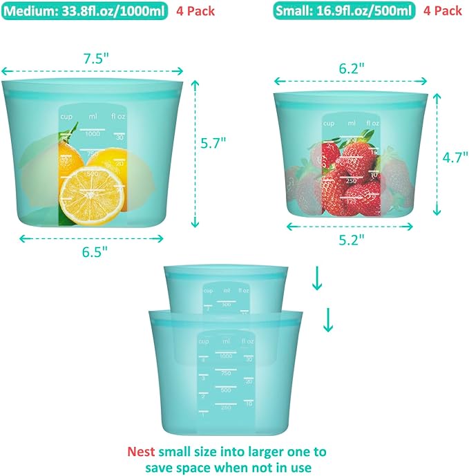 Reusable Sandwich & Snack Bags, 8 Pack 100% Silicone Food Storage Bags Stand Up Zip Lock for Food Container, Freezer Microwave Oven Dishwasher Safe, 4 Medium 4 Small, Aqua