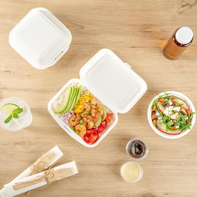 Restaurantware Pulp Safe No PFAS Added 20 Ounce Clamshell Boxes 100 Disposable Containers - Home Compostable Microwavable And Freezable White Bagasse Containers Built-In Hinged Lid