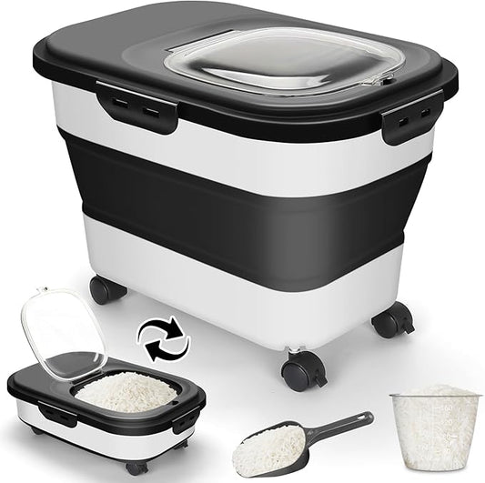 Rice Storage Container, 20Lbs Flour Container, Airtight Large Pet Dog Cat Food Storage Dispenser Bin with Wheels, Scoop & Measuring Cup, Collapsible Kitchen Dry Food Holder for Rice Cereal Kibble