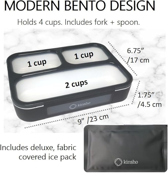 kinsho Bento Box with Insulated Lunch Bag and Ice Pack for Kids Container for Adults Snacks and Lunches. 3 Compartments, Leakproof Portion Boxes Japanese Style for School or Work, Grey - Black