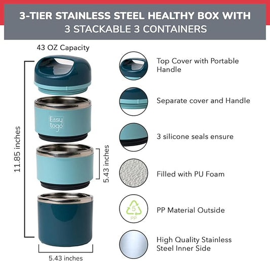 3 Tier Lunch Box 43Oz-Blue Stainless Steel Stackable Lunch Box with Lunch Bag & Cutlery Set, Portable Lunchbox, Portion Control Meal Prep Togo Lunch Containers for Adults, Women, Men