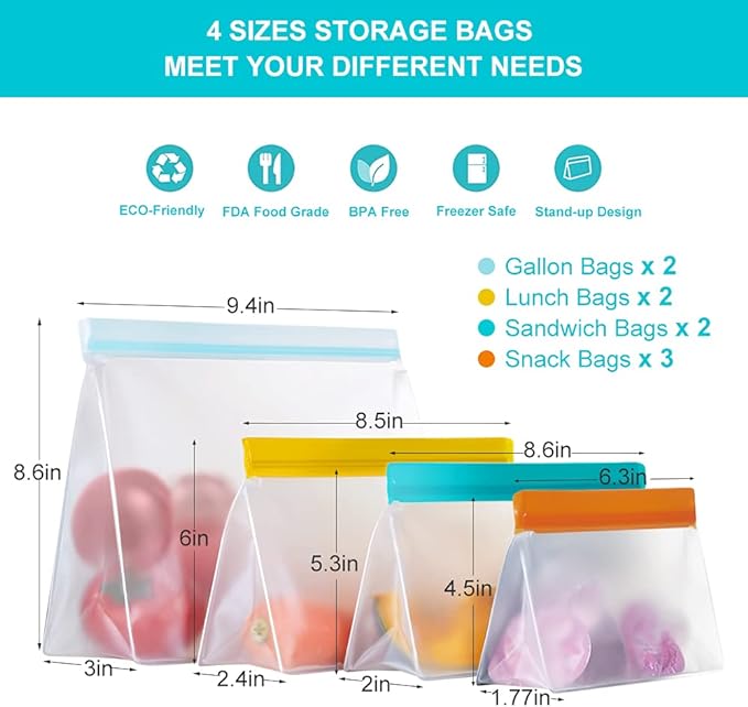 Reusable Food Storage Bags Stand Up, 9 Pack Leakproof Gallon Freezer Bags, BPA Free Snack Bags, Reusable Plastic Bags, Diswasher Safe Lunch Sandwich Bags