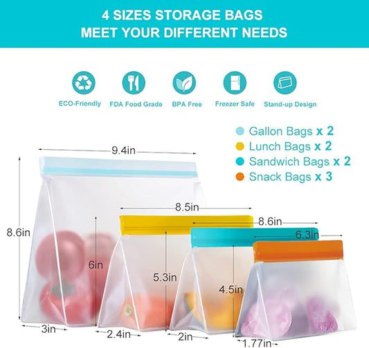Reusable Food Storage Bags Stand Up, 9 Pack Leakproof Gallon Freezer Bags, BPA Free Snack Bags, Reusable Plastic Bags, Diswasher Safe Lunch Sandwich Bags