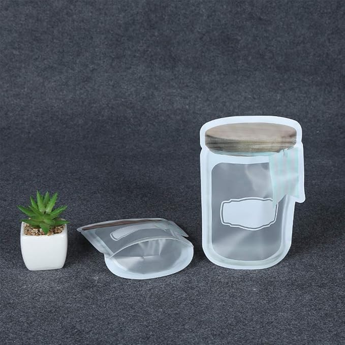 10 Pcs Reusable Jar Bags Mason Storage Bag for Food Snack Nut Dried Fruit Cookies, Safe Material Airtight Seal Leak-Proof Zip-lock Bottle Shaped Bag for Travel Camping Picnic Zipper Fresh Bags
