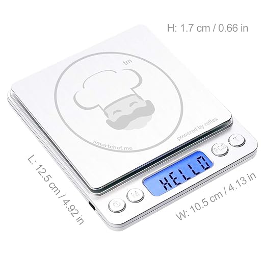 Reflex 500g / 0.01g Digital Pocket Wireless Smart Food Kitchen Scale Grams and Ounces USB Rechargeable, Portable, Accurate, Metal Stainless Steel Surface, Keto Calculator, Baking, Counter, Reloading