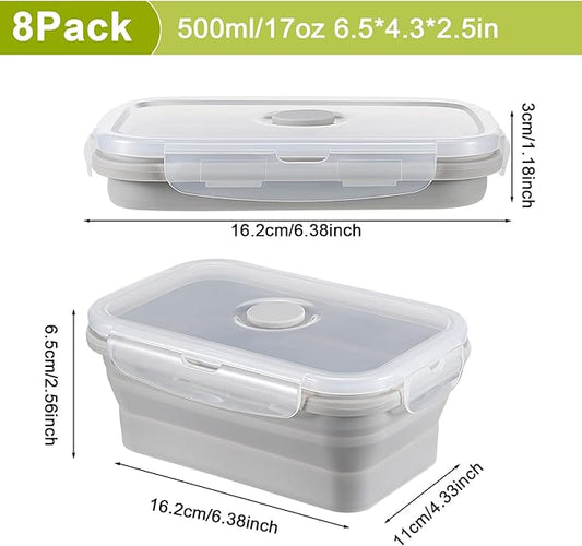 Mifoci Set of 8 Silicone Collapsible Food Storage Containers 17 oz Collapsible Meal Prep Container Square Bowl with Vent Lids, Microwave, Freezer and Dishwasher Safe(Gray)