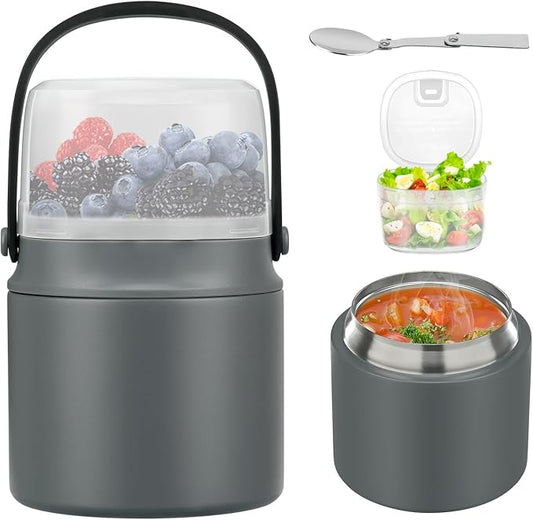 2-In-1 Soup Thermo for Hot Food Kids, 15 Oz Insulated Food Container and a Snack Box, Wide Mouth, Leak Proof, Stainless Steel Spoon, Dishwasher Safe Food Thermo Set for School, Work, Travel, Gray