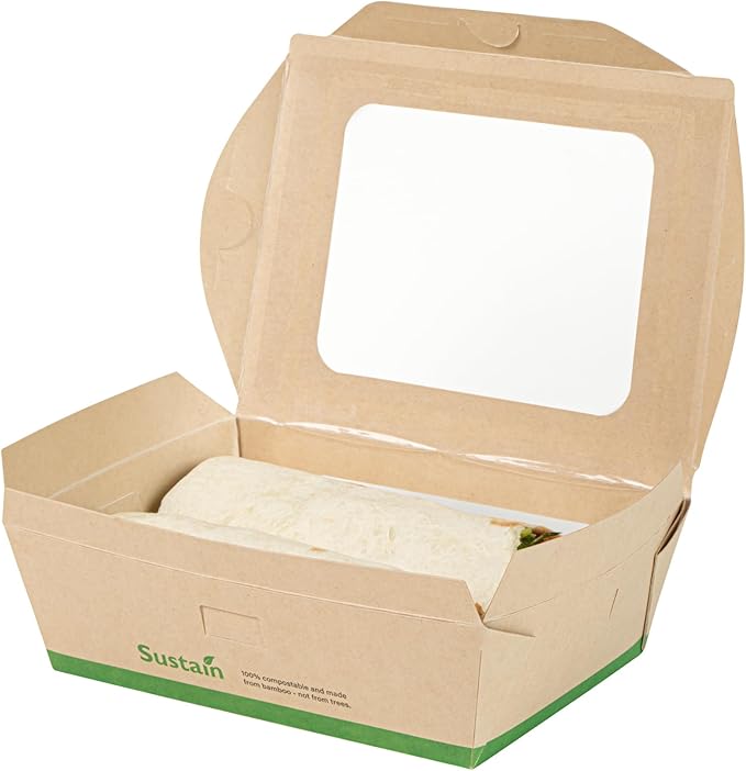 Restaurantware-Sustain 28 Ounce Sturdy Paper Take Out Boxes, 50 Disposable Take Out Food Containers - With PLA lining, Two Clear PLA Windows, Bamboo Paper Containers, Compostable, Tab-Lock Design