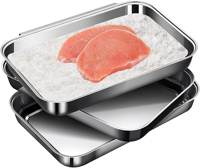 3Pcs Stainless Steel Breading Pans Set, Interlocking Pans for Breading Chicken Breasts,Pork Cutlets,Fish Chips and More (8.5" x 5.8" x 1.2")