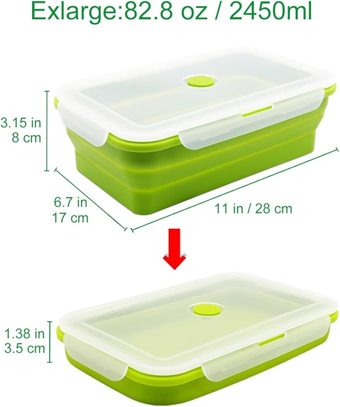 Set of 2 Extra Large Collapsible Silicone Food Storage Containers With Lids,82.8oz + 60.2oz Meal Box For Kitchen,Big Bento Lunch Boxes, Microwave,Dishwasher and Freezer Safe For Camping