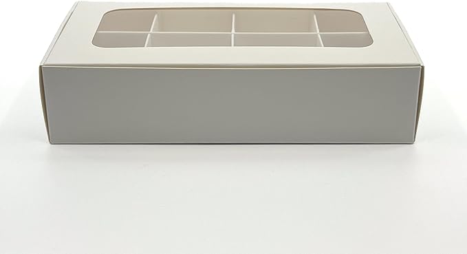 Treat boxes with window and dividers | 8 X-SMALL compartments | 6.75 x 3.5 x 1.57 in | Empty candy boxes for gift giving, truffle box - perfect for Valentine's Day | 10-pack (White)