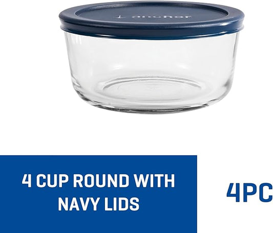 Anchor Hocking SnugFitTM Round Food Storage Containers with Lids (4-Piece, 4-cup, Navy Blue, oven-safe)