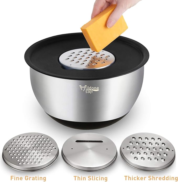Wildone Mixing Bowls with Lids Set, 5PCS Stainless Steel Nesting Bowls with 3 Grater Attachments, Measurement Marks & Non-Slip Bottoms, Size 5, 3, 2, 1.5, 0.63 QT, Great for Mixing & Serving