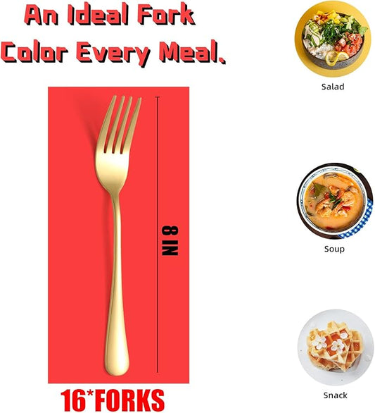 Gold Dinner Forks, 16 Piece Stainless Steel Silverware Forks, Mirror Polished Tableware Fork Set, Home Kitchen Metal Fork, Restaurant Quality Cutlery Meal Fork for Daily Use