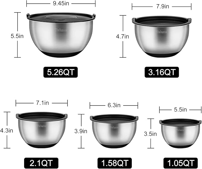 Velaze Mixing Bowls Set of 5, Stainless Steel Nesting Bowls with Airtight Lids, 3 Grater Attachments, Non-Slip Bottom & Measurement Marks, Size 5, 3, 2, 1.5, 1 QT for Mixing & Prepping