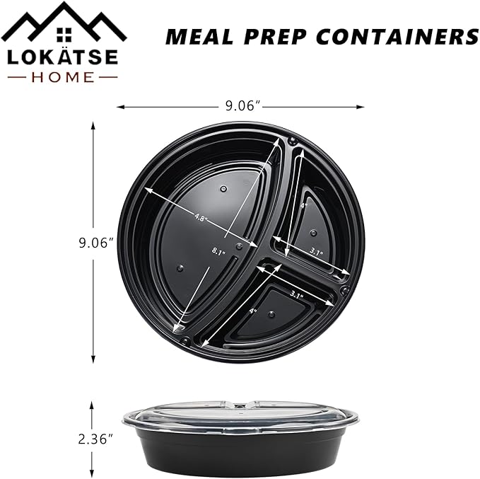 LOKATSE HOME Meal Prep Container Microwave Safe 48 Pack 3 Compartment with Lids, Round Bento Box, Food Storage Durable Stackable Reusable, BPA Free, Freezer, Dishwasher Safe (33 oz)
